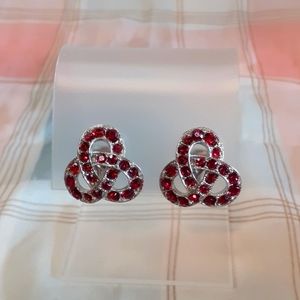 Bogoff Red Rhinestone Silver Tone Knot Clip Earrings Vintage